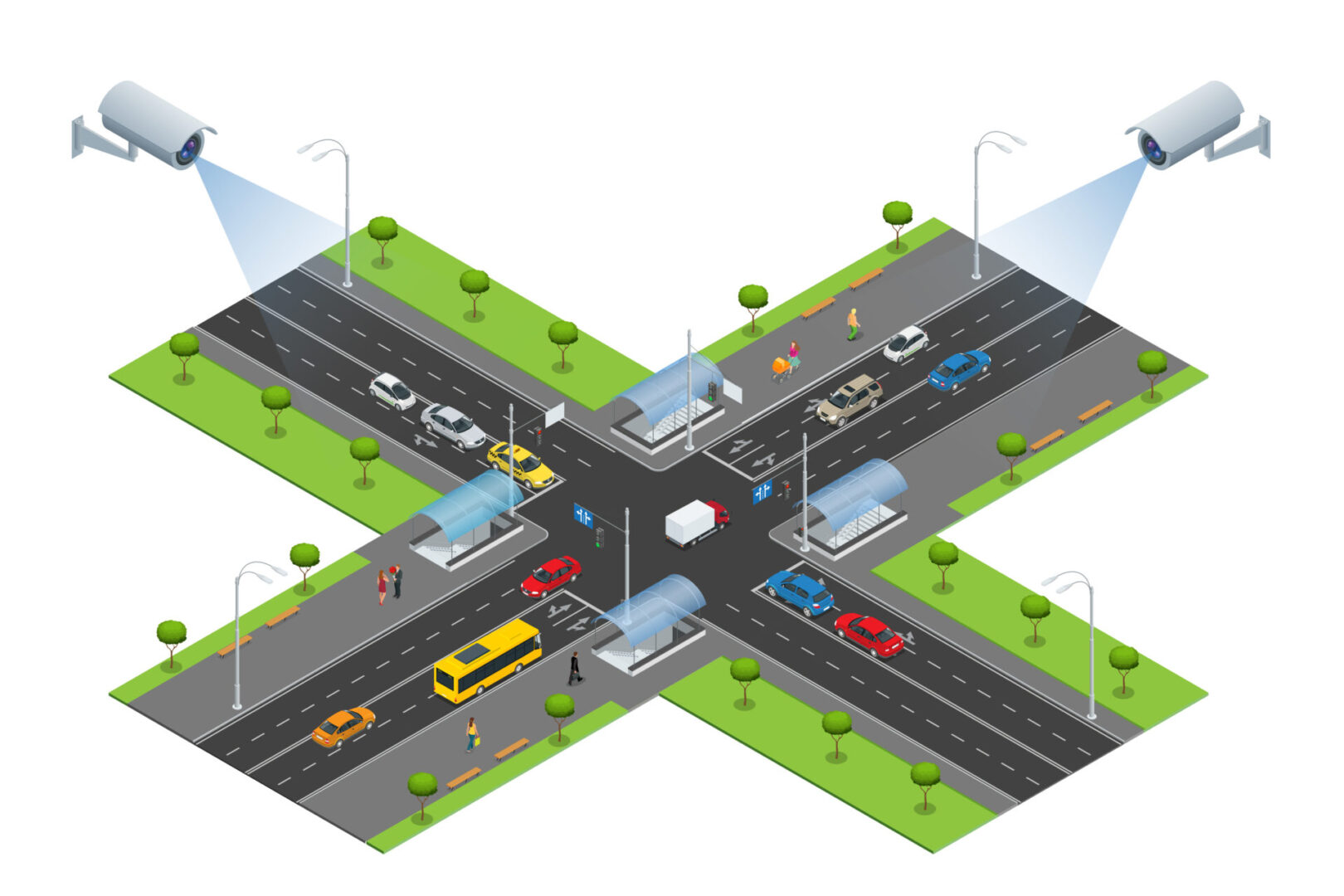 Security camera detects the movement of traffic. CCTV security camera on isometric illustration of traffic jam with rush hour. Traffic 3d isometric vector illustration. Traffic monitoring CCTV