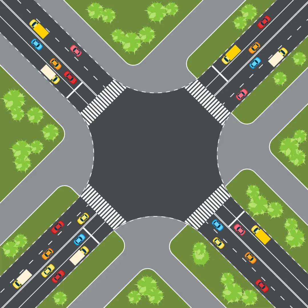 Aerial view of cars at intersection vector illustration