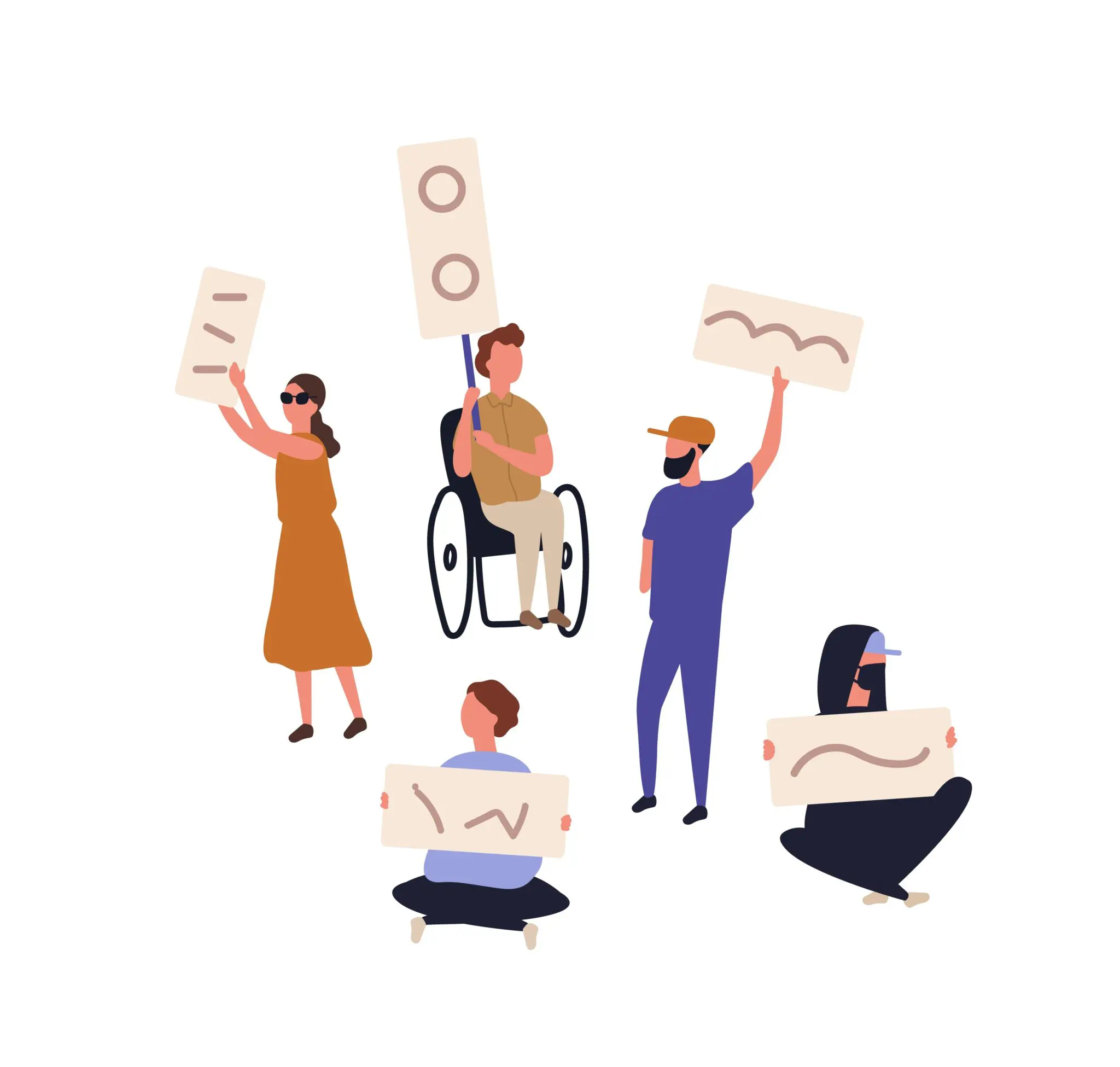 Bundle of protesters holding banners and placards. Set of people taking part in picketing, mass meeting, rally, political protest movement. Protesting men and women. Flat cartoon vector illustration